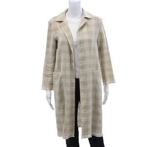 Designer Womens Plaid Open Front Long Sleeve Unlined Jacket Brown Sz M